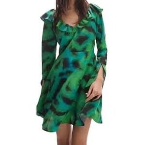 New TOPSHOP Animal Ruffle Neck Tea Short Dress in Green Split Cuffs Women's 4‎